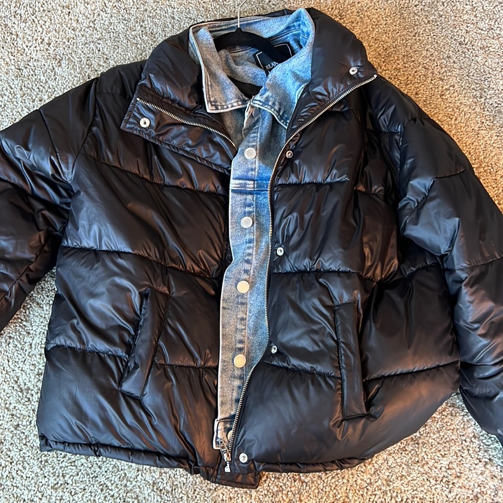 black puffer jacket with jean under jacket